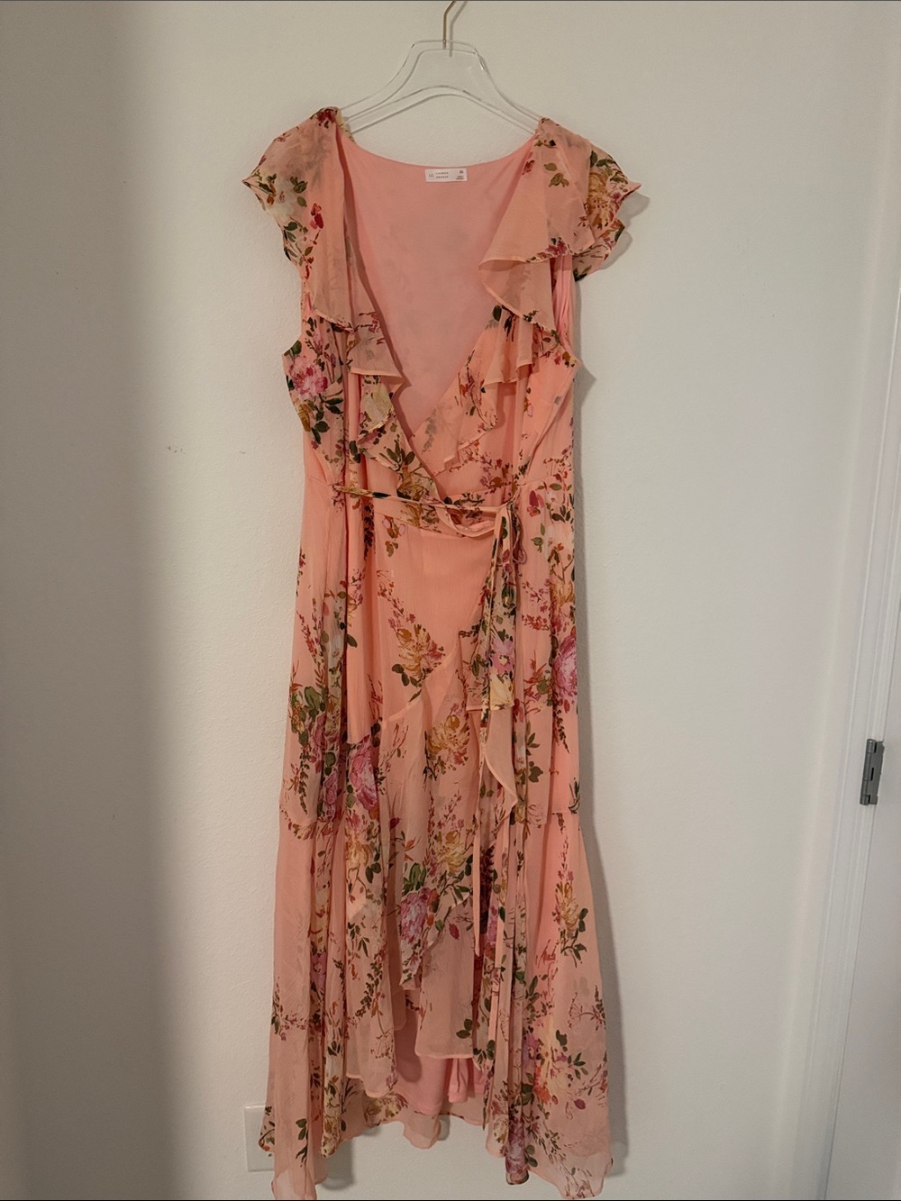 LC Lauren Conrad Peach/Pink Floral Ruffle Wrap High-Low Dress